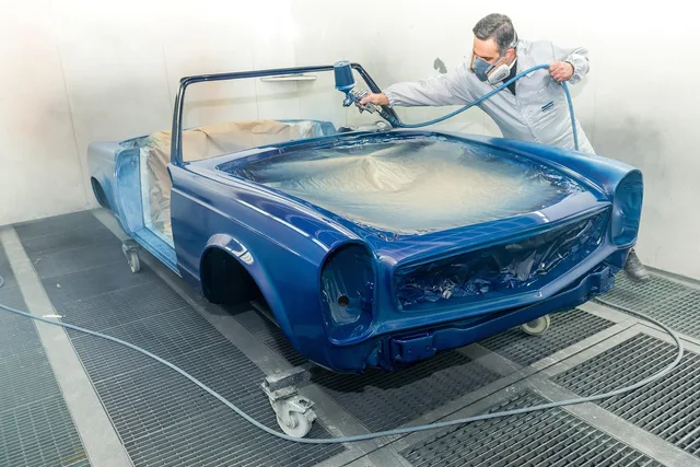 painter, spray, car, oldtimer, spray gun, paint, restoration, repair, auto, automobile, automotive, vehicle, old, car wallpapers, vintage, service, man, worker, repair shop, mercedes. Secondhand versus current gear for a wrap and tint shop, cost per hour compared